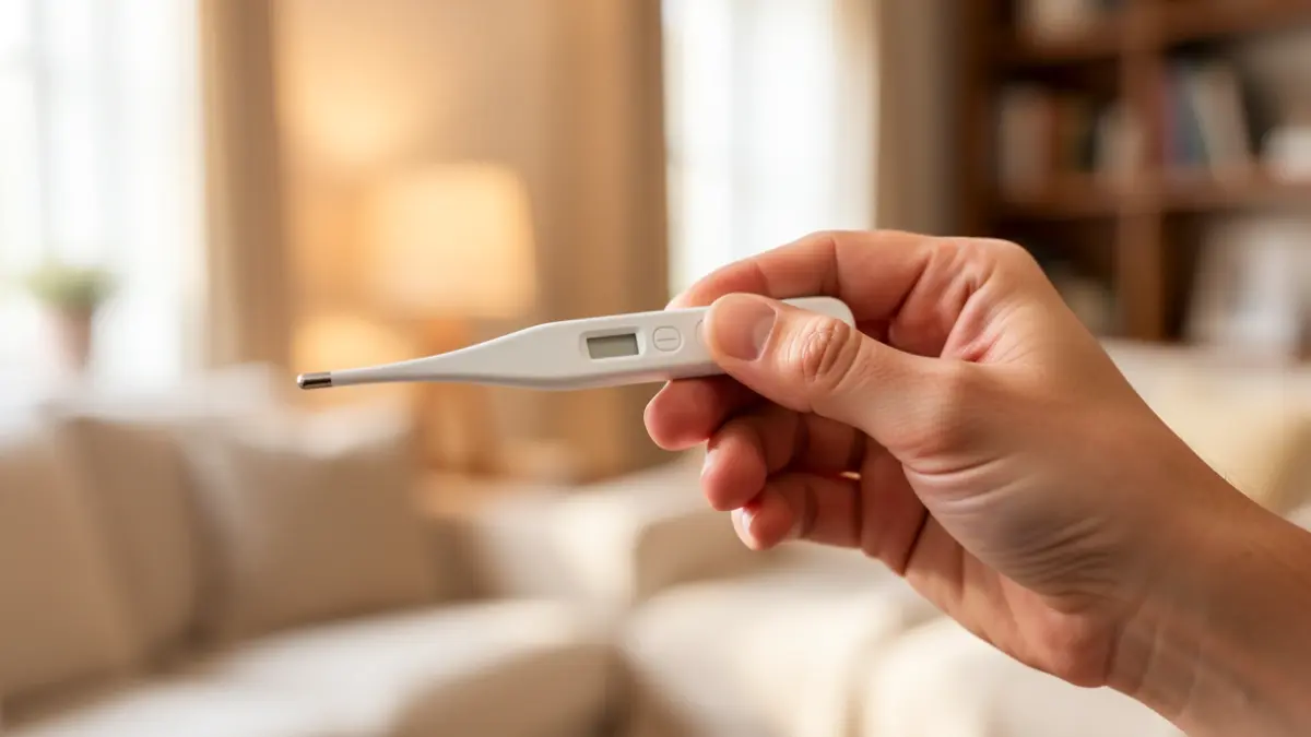 Primer plano de una mano sosteniendo un termómetro médico en un interior de hogar, con luz cálida.