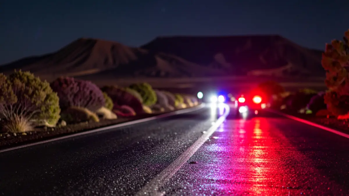 Imagen genérica de luces de emergencia en una carretera mojada por la noche en Fuerteventura.