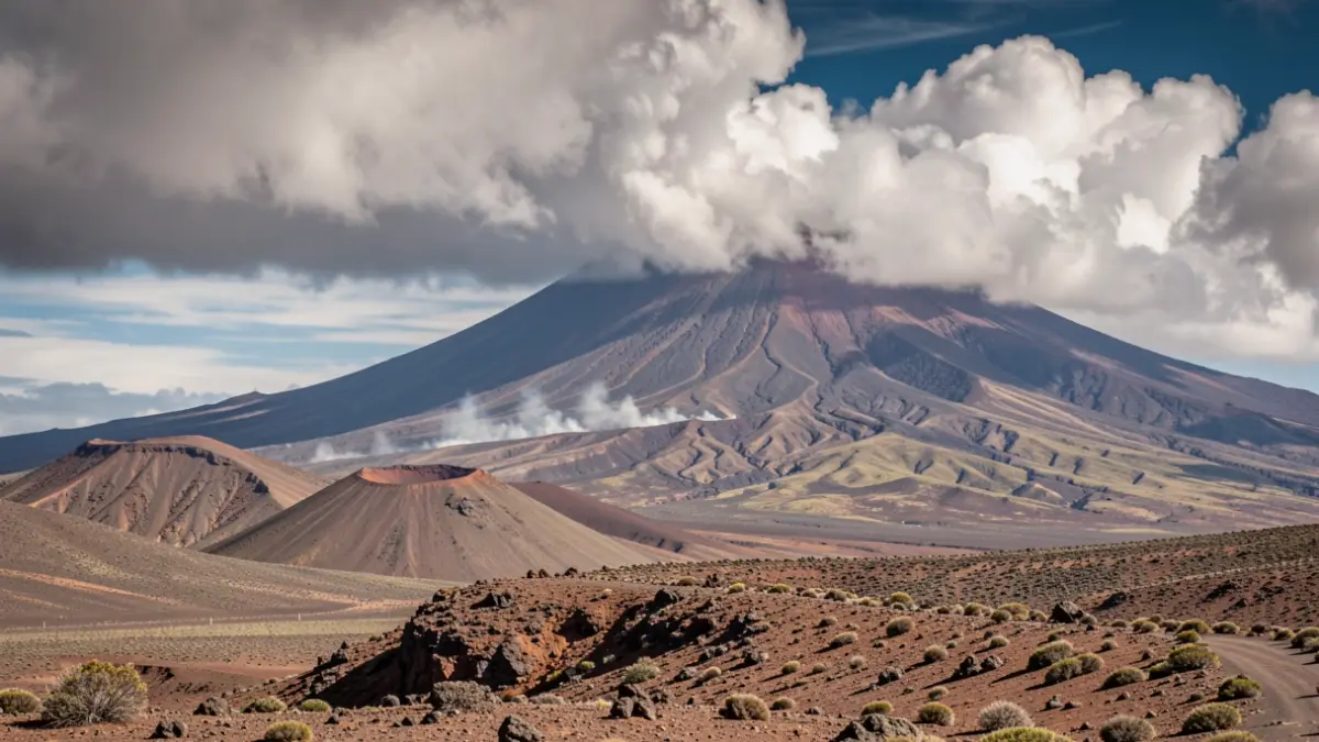 Volcanic landscape of Tenerife with Teide and arid terrain, suggesting seismic activity.