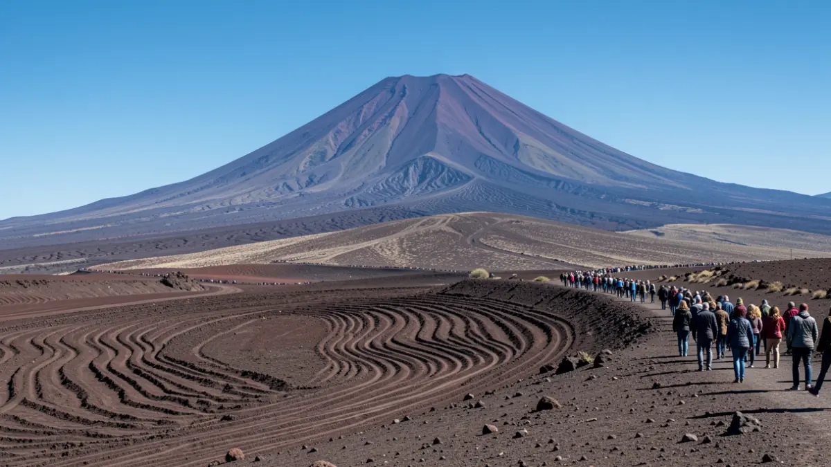 Paisaje volcánico de Tenerife con el Teide al fondo y sutiles ondas sísmicas en la tierra.