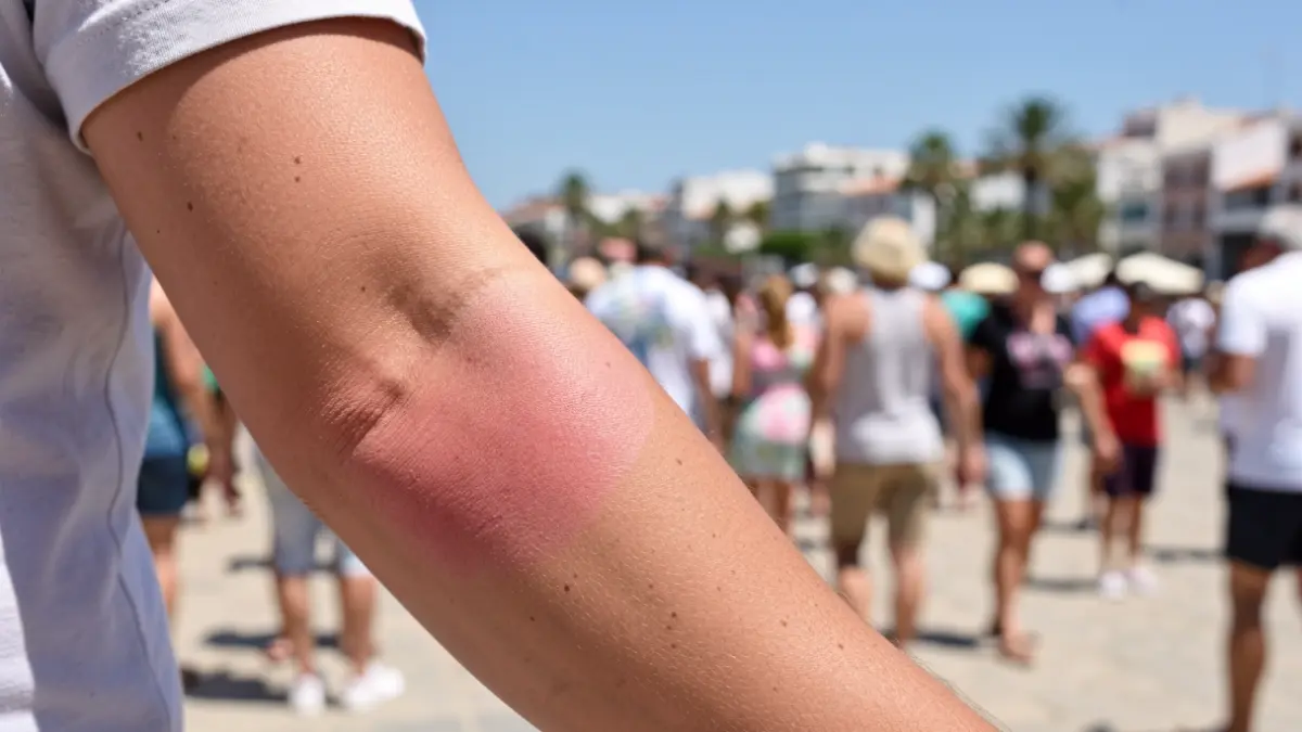 Primer plano de la piel de una persona con quemadura solar en el antebrazo, con un fondo borroso de un evento al aire libre en Canarias.