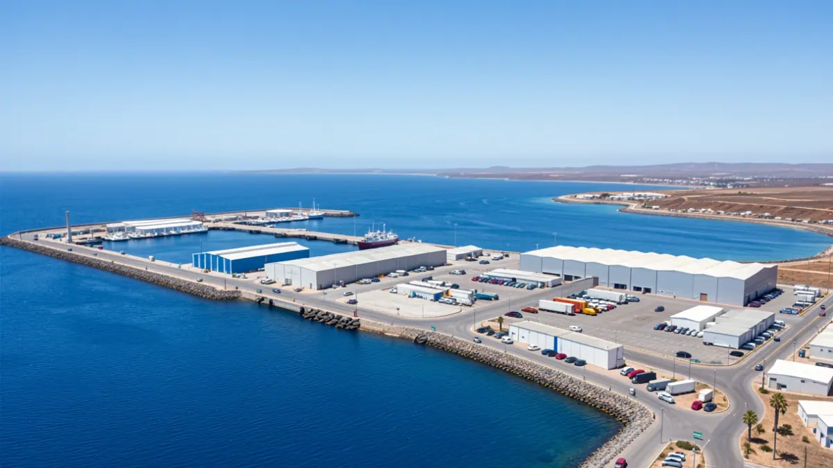 Vista aérea del puerto de Arrecife con edificios portuarios y el mar.
