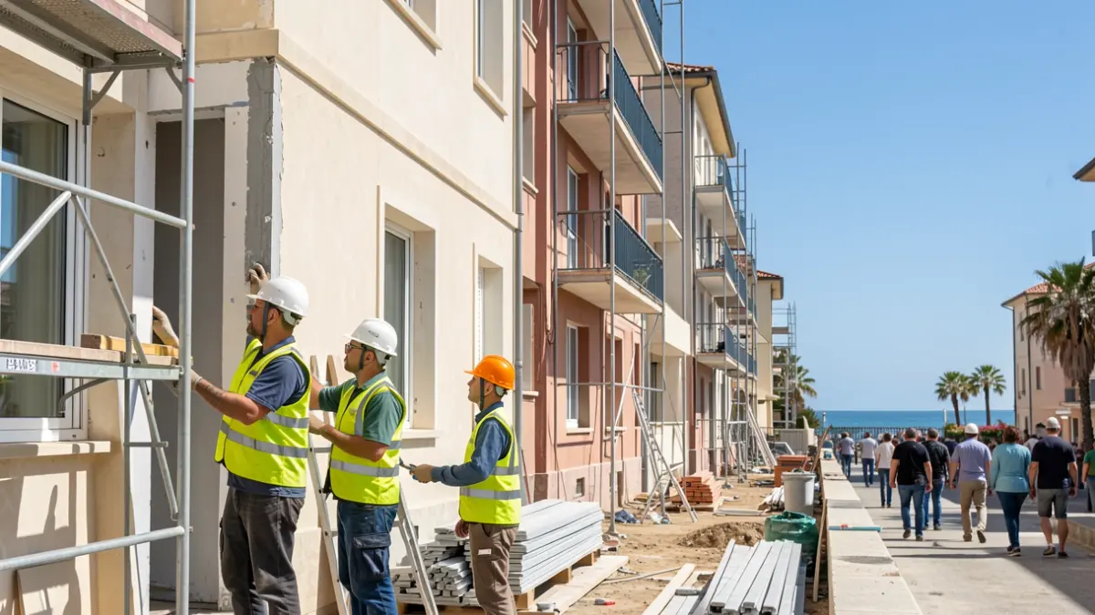 Imagen de trabajadores supervisando las obras de rehabilitación de un edificio residencial en El Pajar.