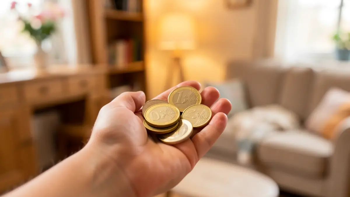 Close-up of a child's hand holding euro coins, with a blurred background of a family home interior.