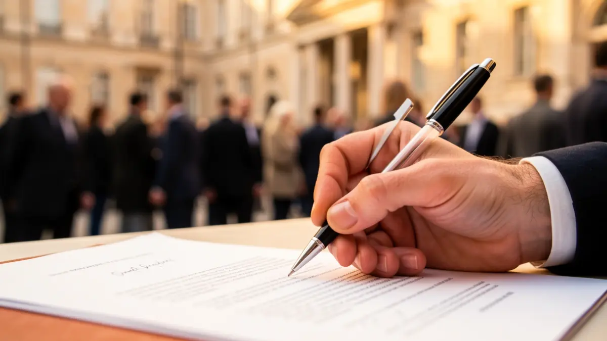 Generic image of a hand signing an official document.
