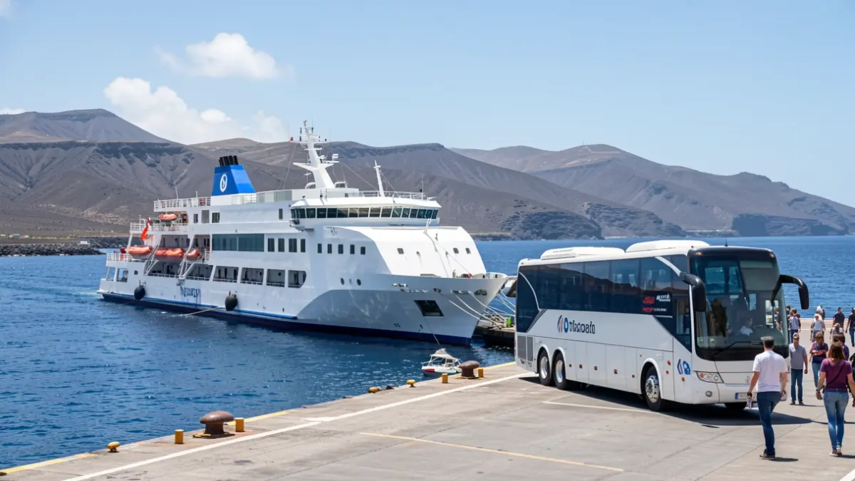 Ferry de Balearia Canarias atracado en el puerto de San Sebastián, La Gomera, con un autobús 'ferrybus' esperando para conectar con los pasajeros.