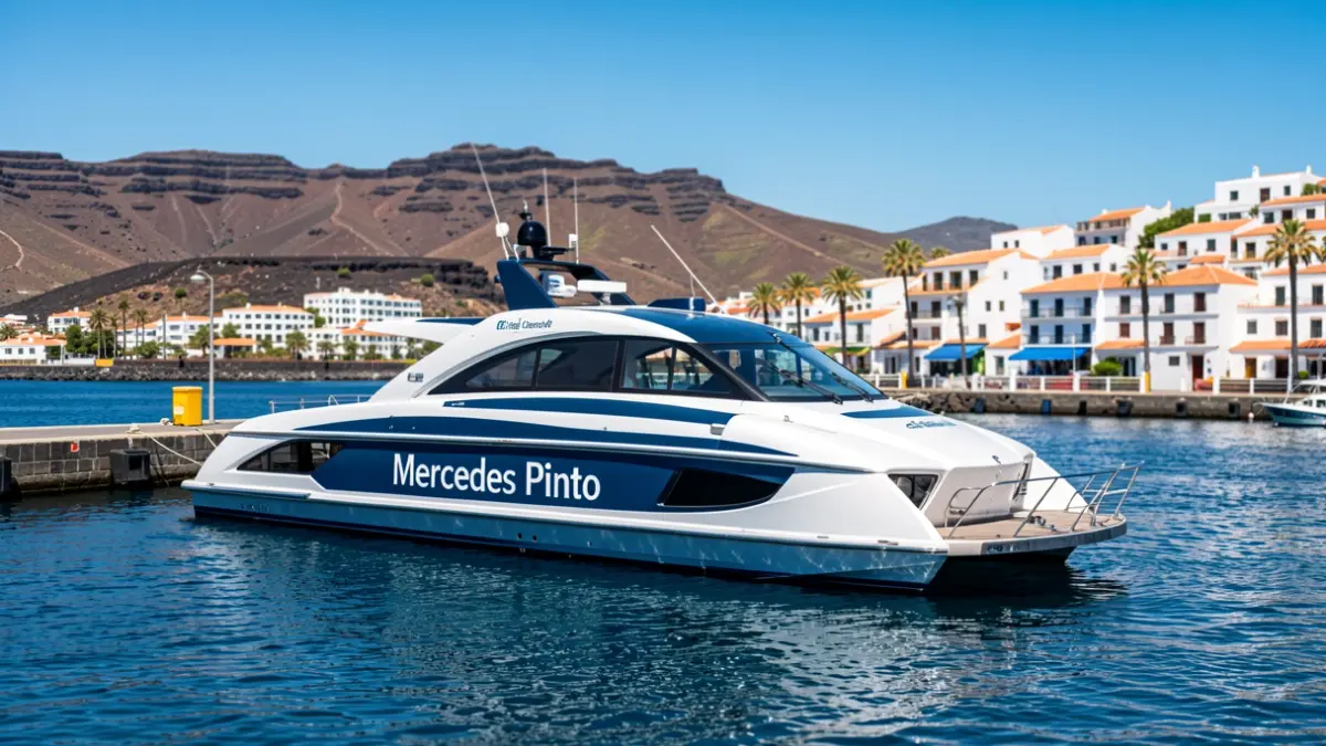 Imagen del nuevo ferry 'Mercedes Pinto' de Baleària Canarias atracado en un puerto de las islas.