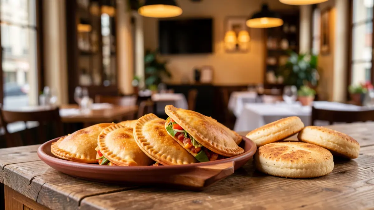 Imagen de empanadas y arepas venezolanas en un mostrador.