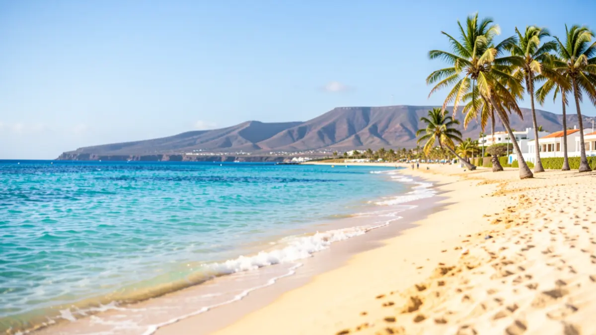 Generic image of a sunny beach in the Canary Islands with palm trees and volcanic landscape.