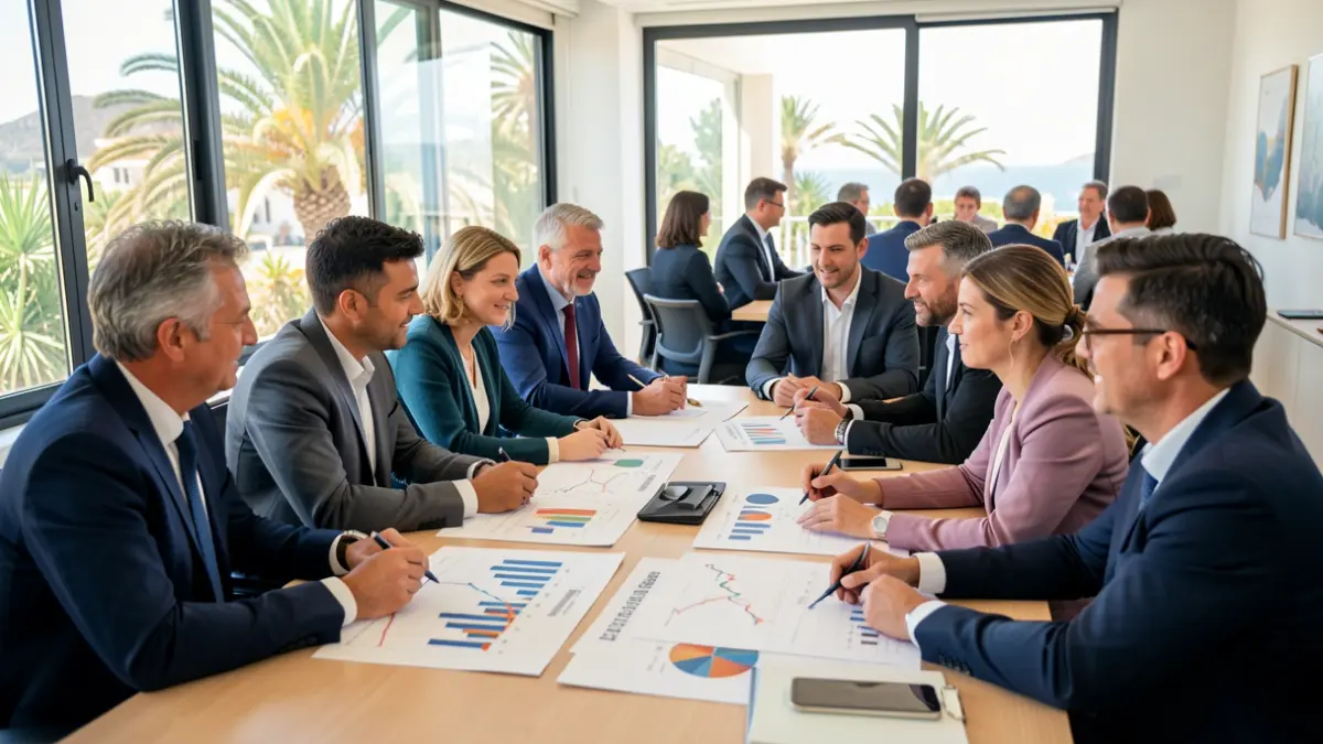 Image of business professionals meeting in the Canary Islands to discuss economic growth strategies.