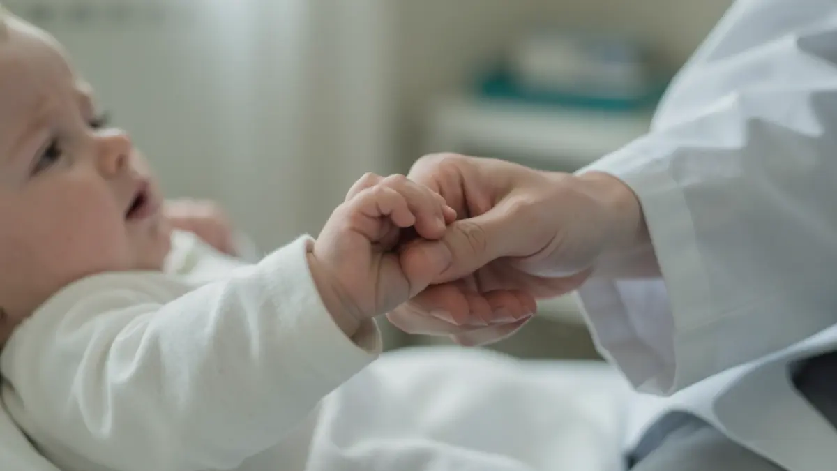 Generic image of a baby's hand gripping a medical professional's finger.