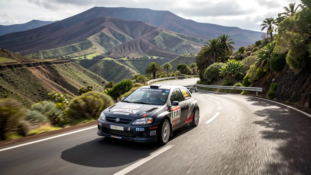 Imagen genérica de un coche de carreras en una carretera de montaña en Tenerife, con paisaje volcánico.