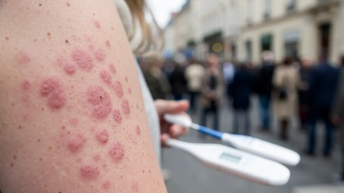 Close-up of a measles rash on skin, with a blurred medical thermometer in the background.