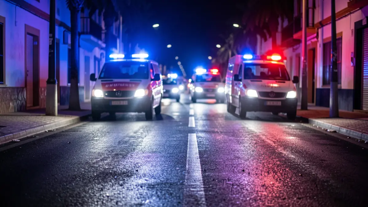 Imagen genérica de luces de emergencia policiales reflejándose en el asfalto mojado de una calle de Las Palmas de Gran Canaria por la noche.