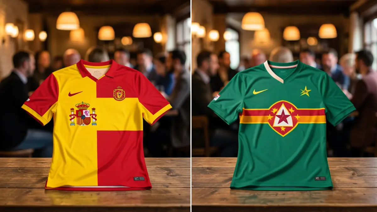 Imagen dividida de una camiseta de fútbol con la bandera de España y la de Cabo Verde.