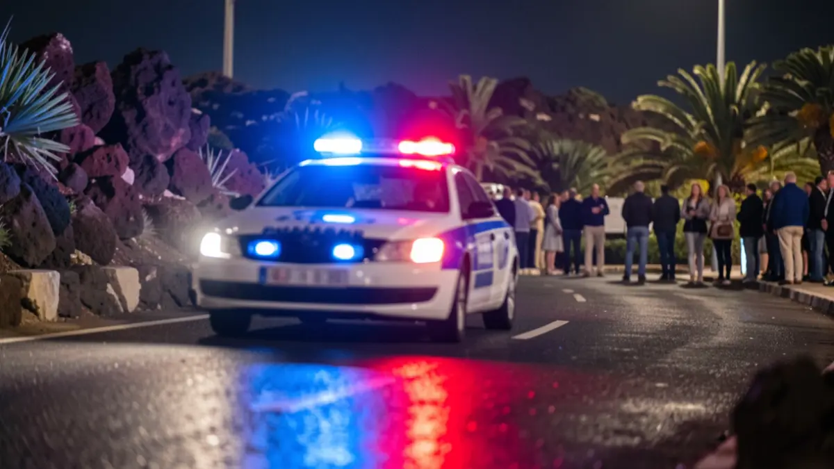 Imagen genérica de luces de emergencia policiales reflejándose en asfalto mojado por la noche.