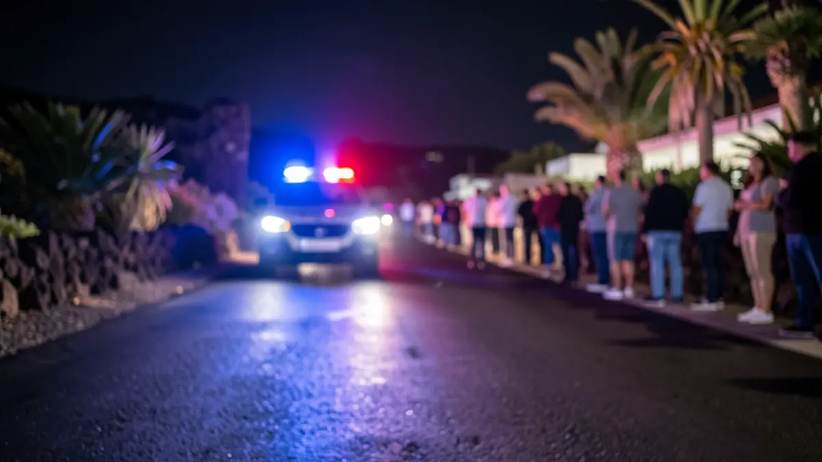 Imagen genérica de luces de emergencia policiales reflejándose en asfalto mojado por la noche.