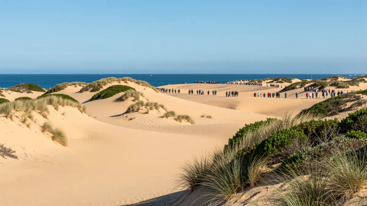 Paisaje de las Dunas de Maspalomas con dunas doradas y el océano al fondo.