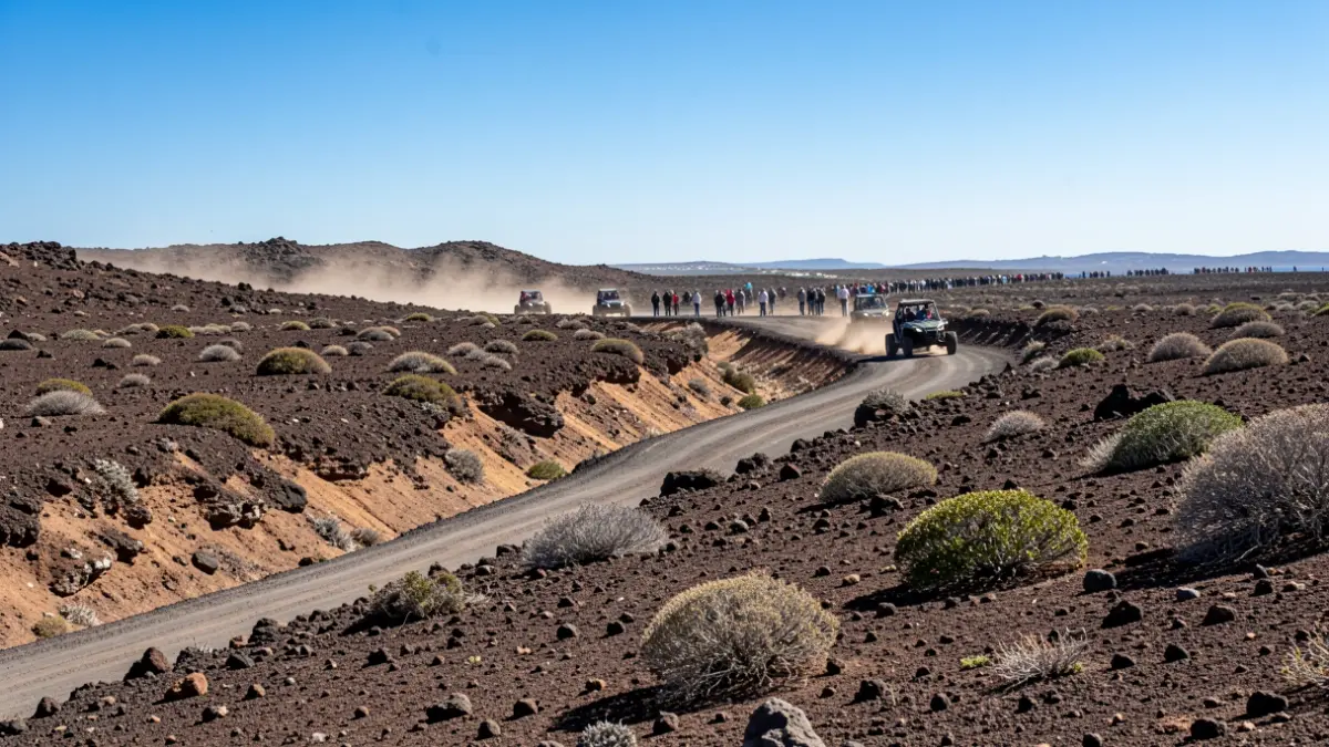 Image of several buggies driving through a ravine in Lanzarote.