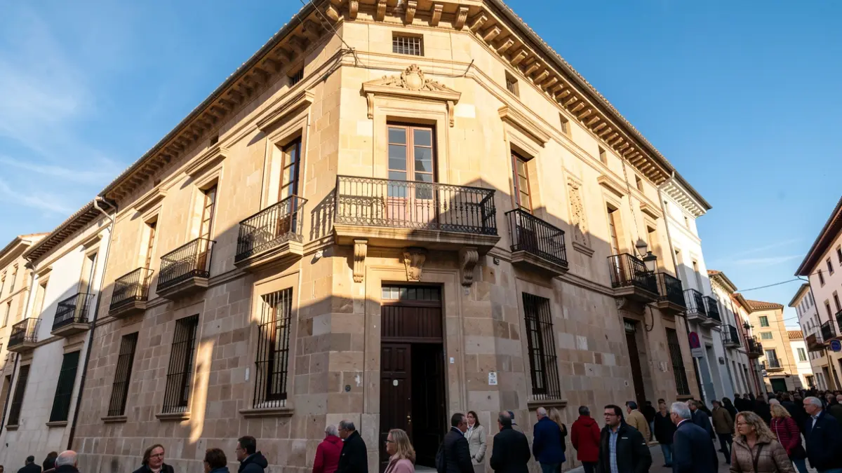 Stone facade of a Canarias town hall with ornate balcony and iron railings, warm afternoon sunlight casting shadows on the sandstone walls, blue sky.