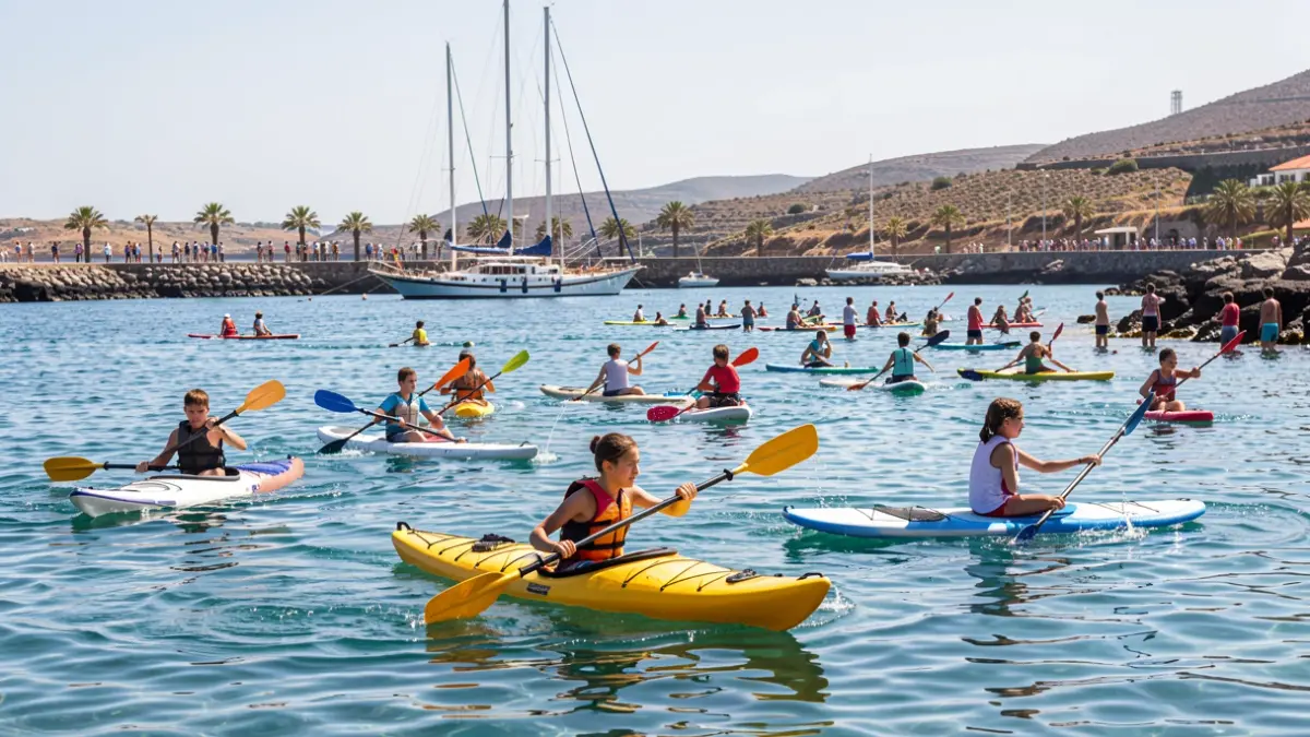 Generic image of children and teenagers enjoying water activities on the Canary Islands coast.