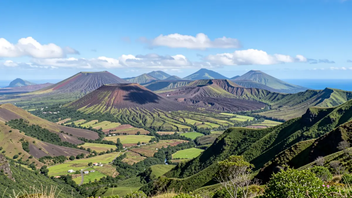 Generic landscape of the Canary Islands with volcanic mountains and green valleys.