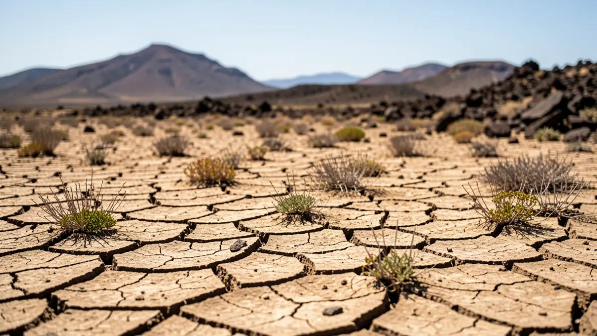 Generic image of cracked earth and sparse vegetation in the Canary Islands, symbolizing water scarcity.