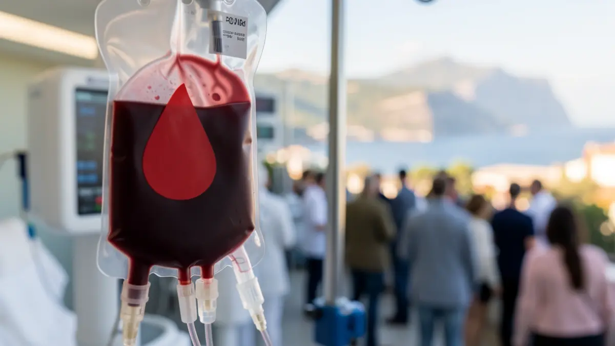 Blood bag with red symbol, blurred medical background and Canary Islands landscape.