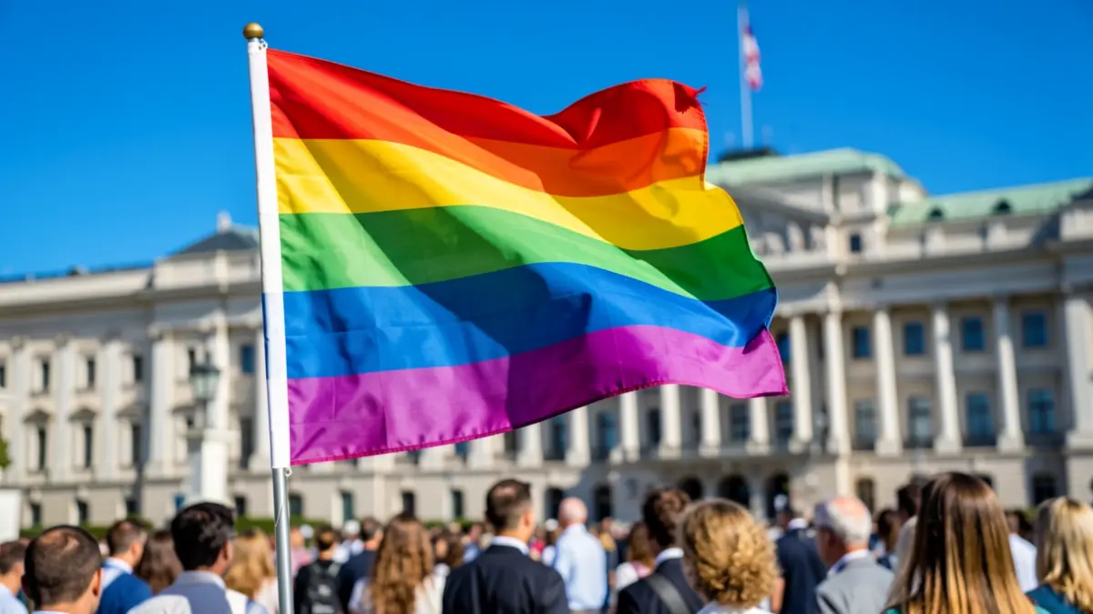 Rainbow flag waving in the blue sky with a blurred institutional building in the background.