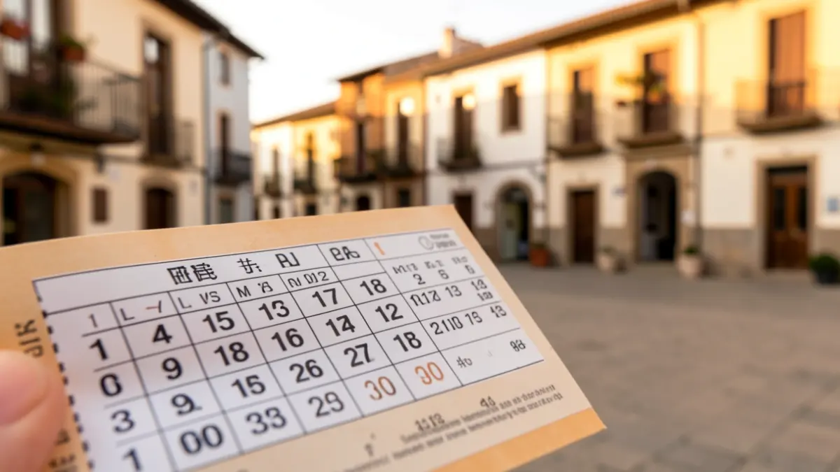 Generic image of a lottery ticket with numbers, with a blurred background of a Spanish town square.