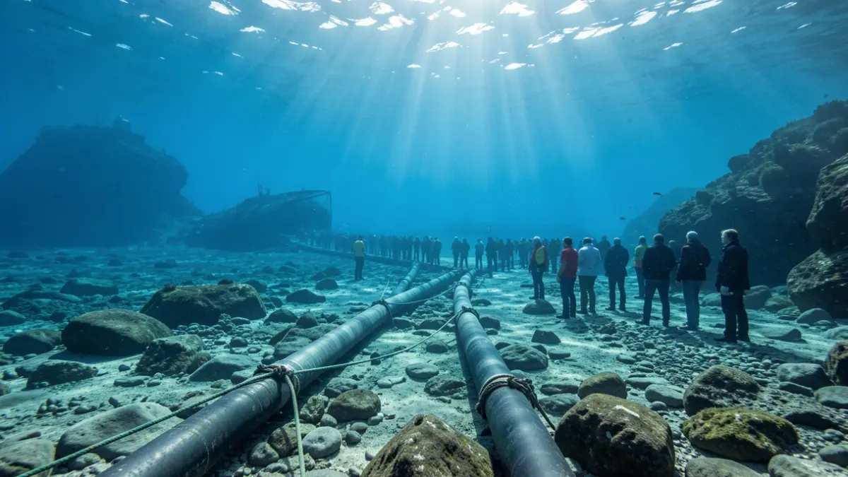 Imagen genérica de una tubería submarina siendo instalada en el lecho marino entre dos islas.
