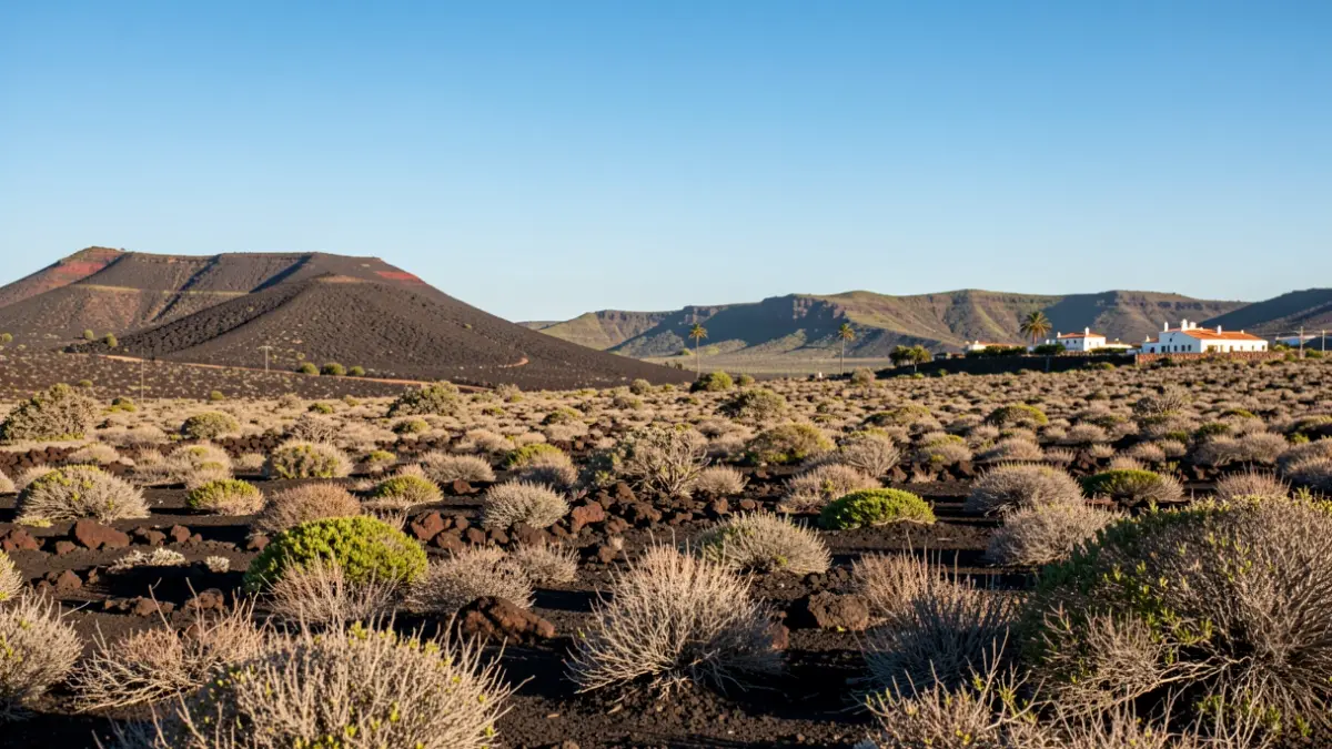 Imagen genérica de un paisaje volcánico en Canarias con vegetación escasa y arquitectura tradicional.