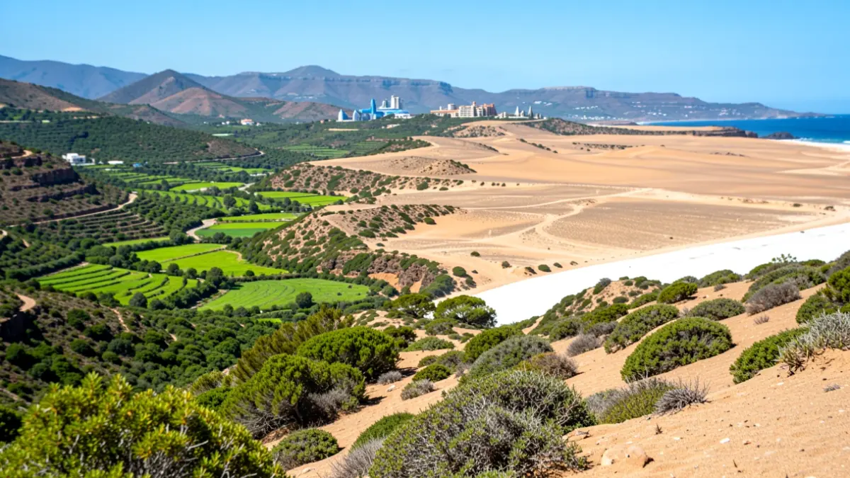 Diverse landscape of the Canary Islands featuring green areas, desert terrain, and beaches.