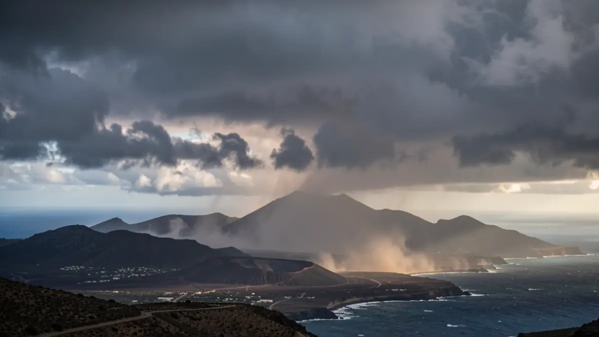Dramatic sky over the Canary Islands with dark clouds, strong winds, and a hint of dust in the air. Volcanic landscape and ocean visible.