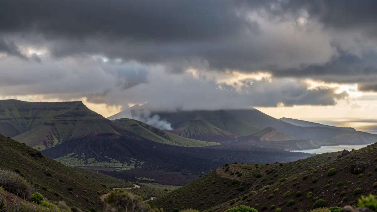 Cielo tormentoso sobre un paisaje volcánico de Canarias con nubes oscuras y rayos de sol.