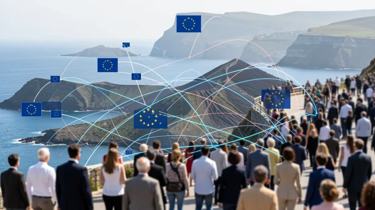 Imagen genérica de símbolos de migración y la Unión Europea con un paisaje volcánico.
