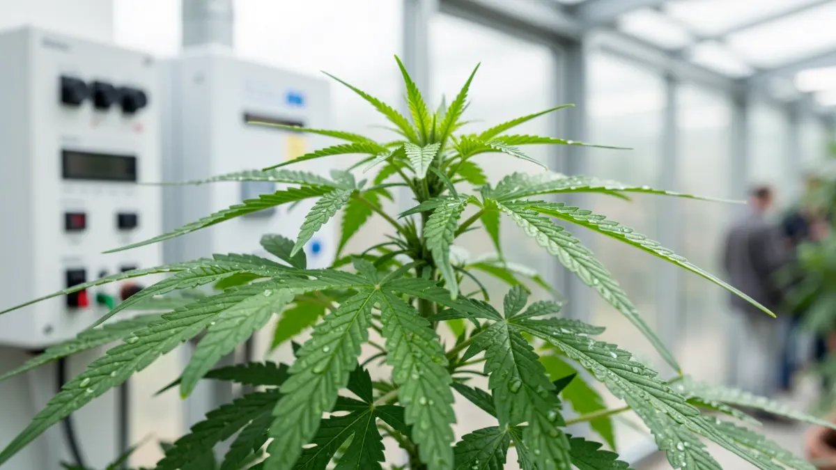 Primer plano de hojas de cannabis con gotas de agua, bajo iluminación controlada, reflejando estándares farmacéuticos.