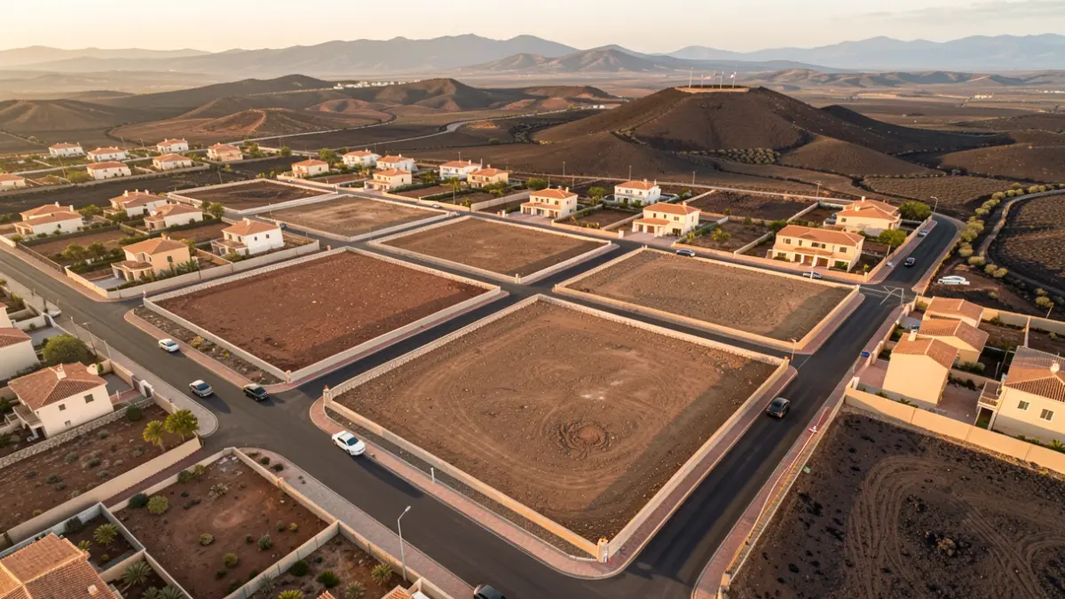 Imagen genérica de una zona residencial en desarrollo con parcelas vacías y calles urbanizadas.