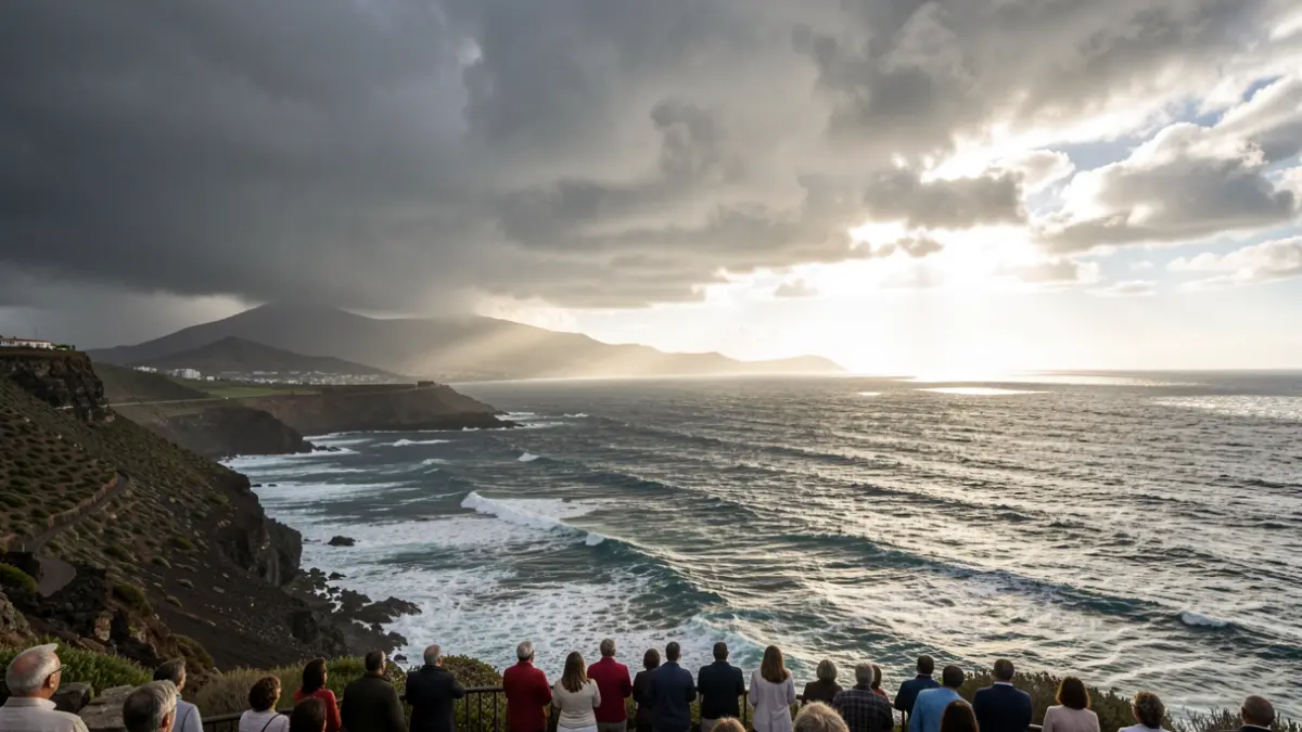 Imagen de cielos nubosos en el norte de Canarias y sol en el sur, con mar agitado.