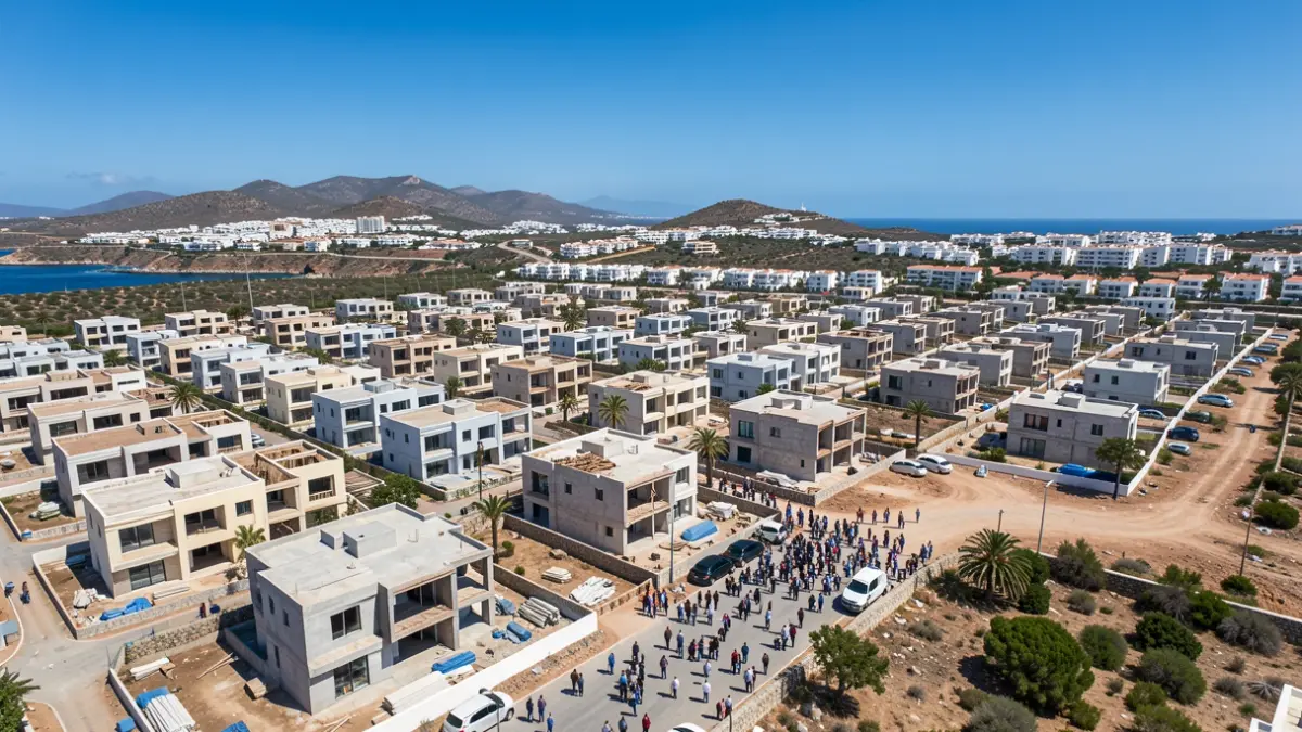Aerial view of a residential development with many unfinished homes in the Canary Islands, indicating a large stock of unsold new construction.