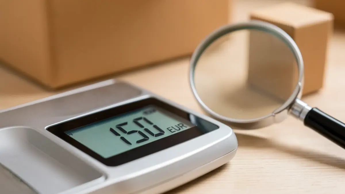 Digital scale showing 150 euros, with shipping box and magnifying glass in the background.