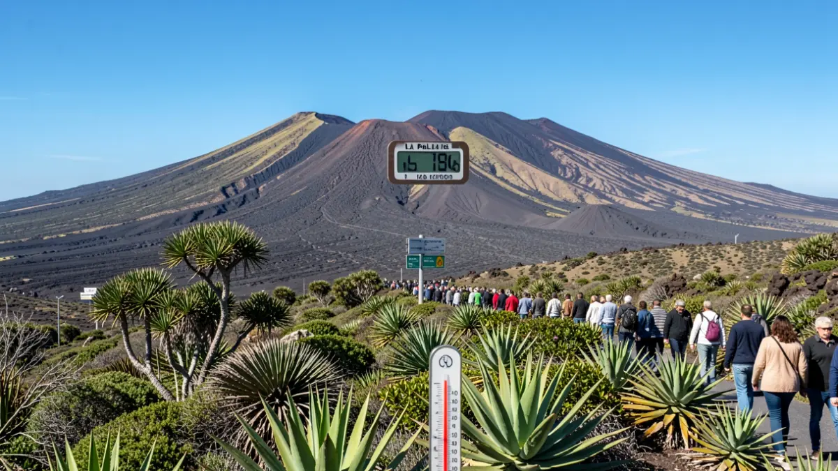 Paisaje volcánico de la isla de La Palma con un termómetro marcando alta temperatura.