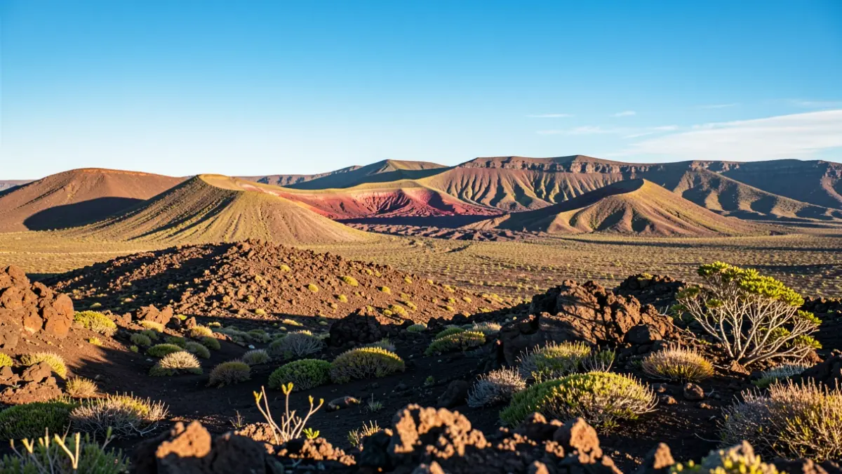 Generic volcanic landscape of the Canary Islands with blue sky and sunlight.