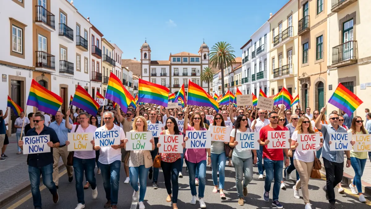 Generic image of an LGTBIQA+ rights demonstration in the Canary Islands, with people marching and rainbow flags.