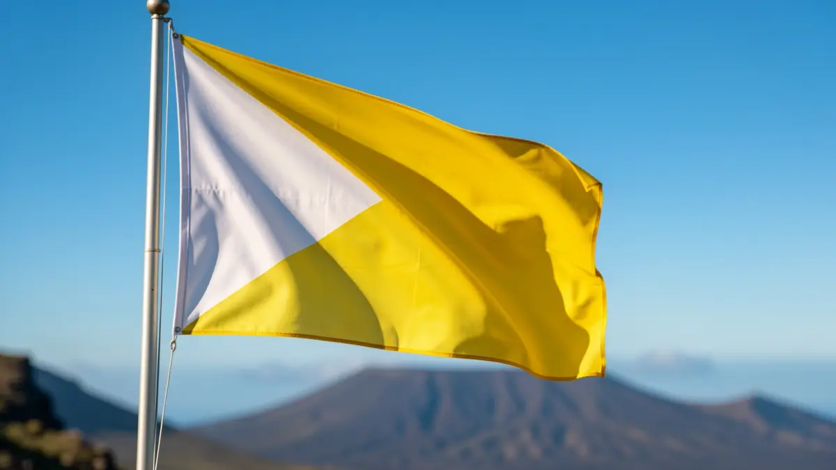 Canary Islands flag waving with blue sky and volcanic landscape.