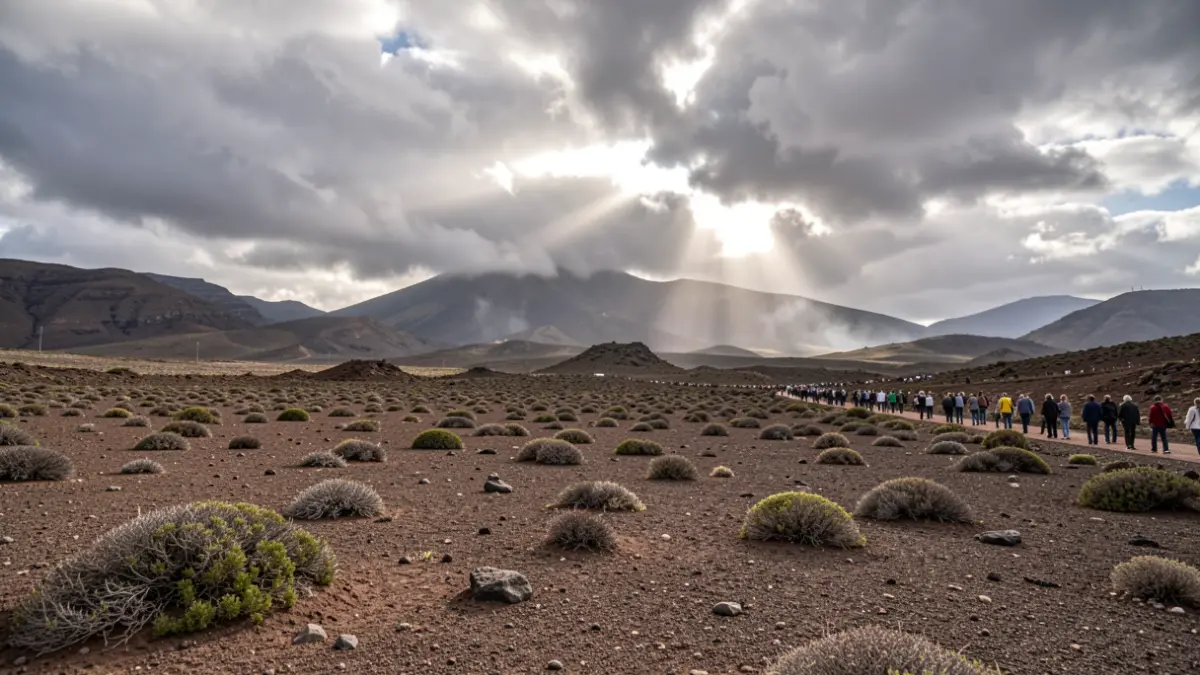 Imagen genérica del paisaje volcánico de Canarias con nubes y sol.