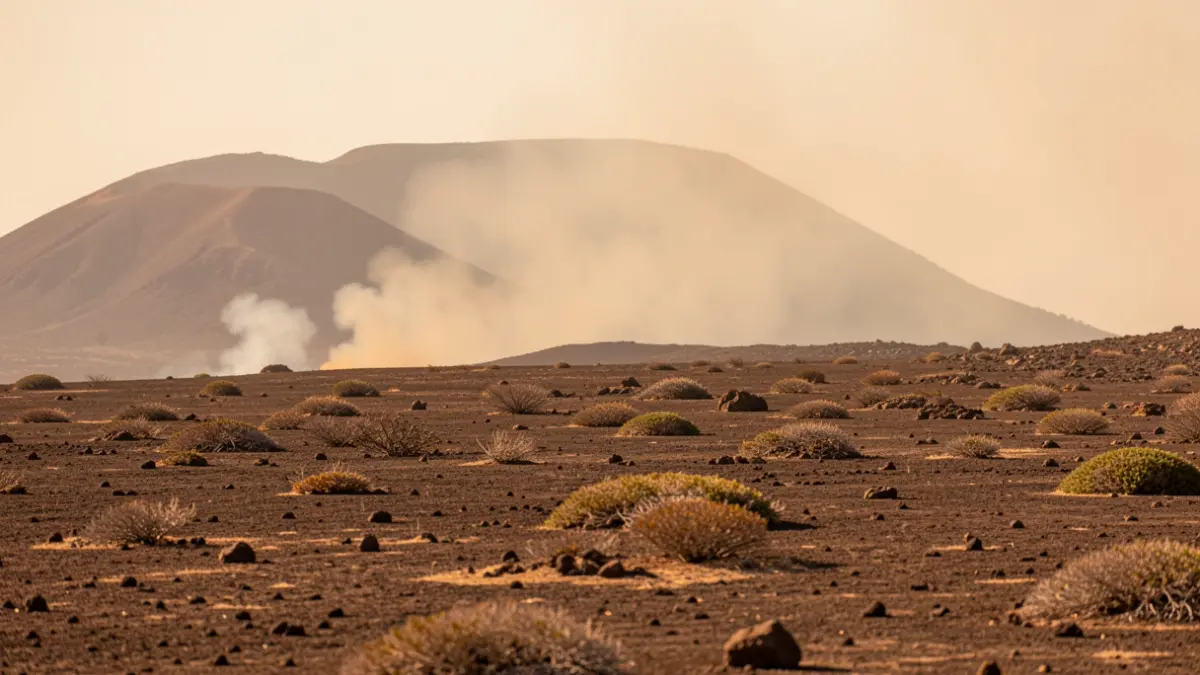 Canary Islands volcanic landscape under a hazy sky due to calima and high temperatures.