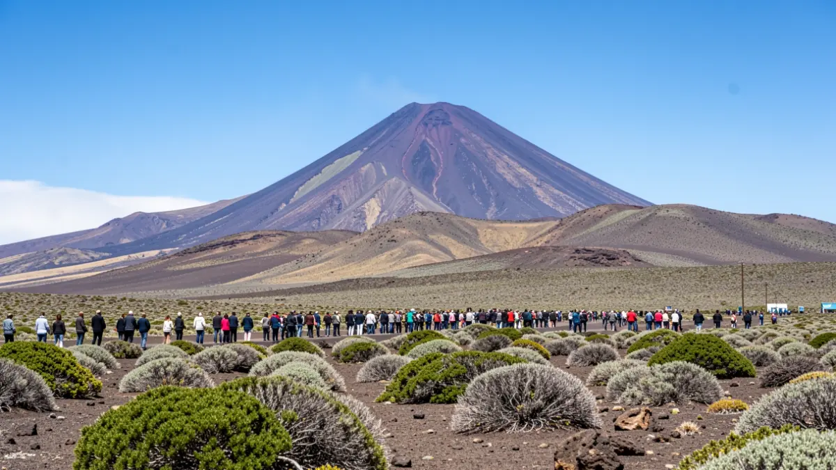 Volcanic landscape of the Canary Islands with Mount Teide in the background.