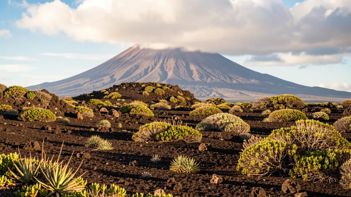 Volcanic landscape of the Canary Islands with Mount Teide in the background under a partly cloudy sky.