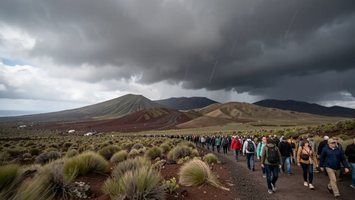Generic image of a cloudy and threatening sky over a Canarian volcanic landscape.